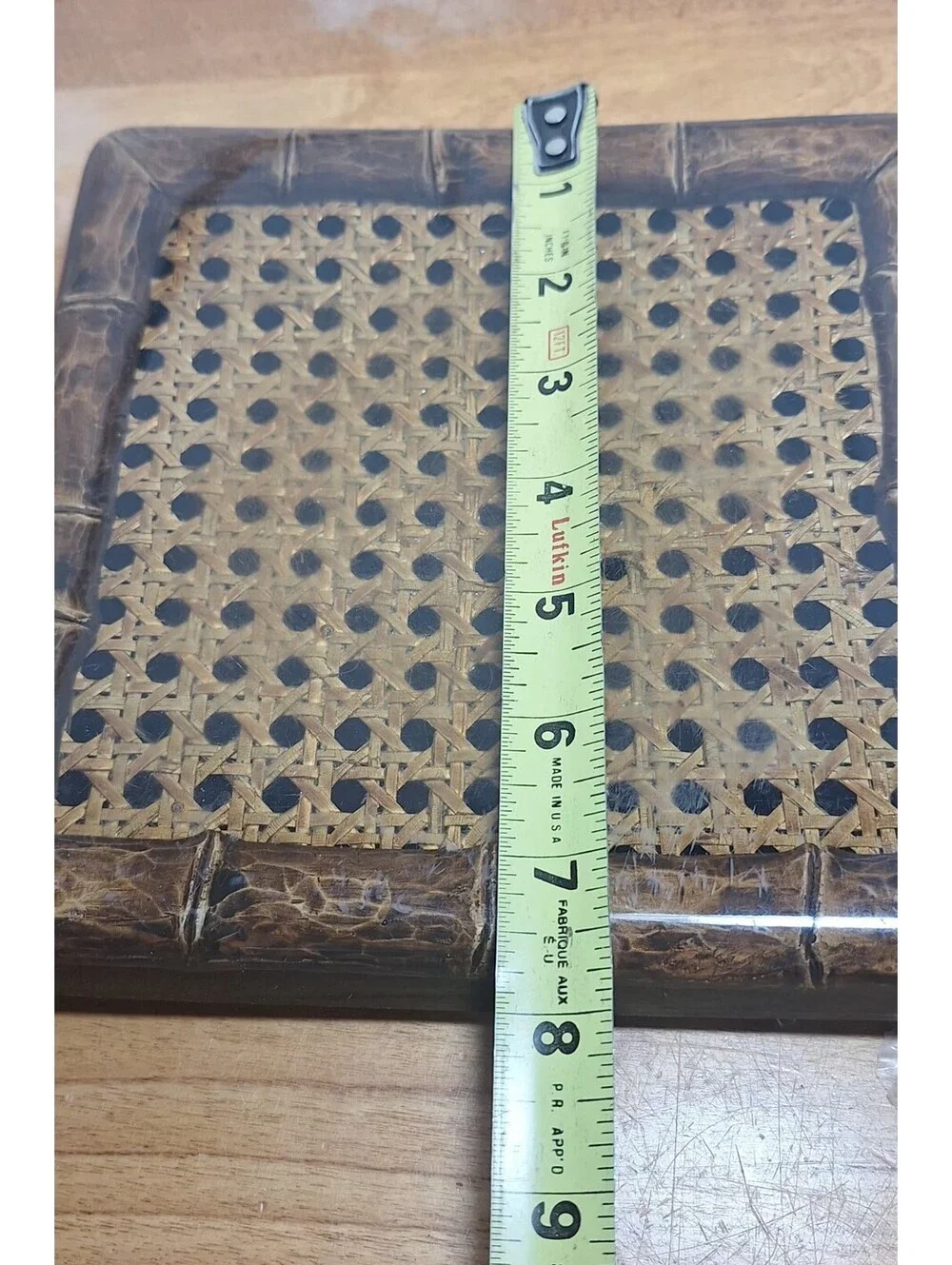Vintage Acrylic MCM Rattan Wicker Wood Trim Footed Trivet 7.5 X 7.5